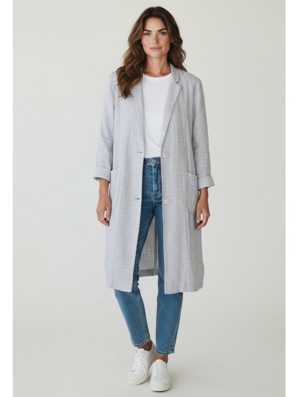 Eileen Fisher 100% Org Linen Long 2 Button Closure Jacket Lightweight Layer NWOT